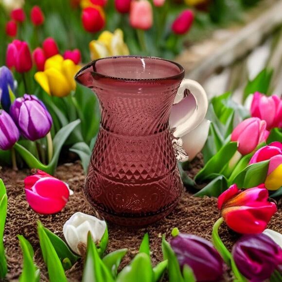 Vtg Pilgram Creamer Cranberry Glass Bennington Applied Handle Red Cottage Coffee - Picture 5 of 6